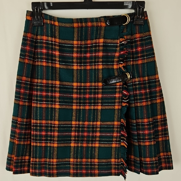 Vintage 1970's Green Plaid Pleated Wrap Skirt - Picture 1 of 5